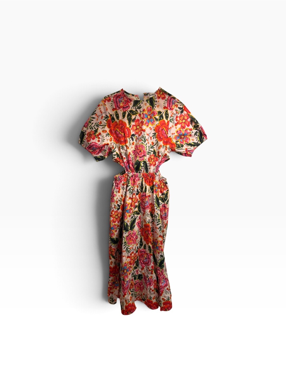 Leota Floral Flame Tiered Midi Dress in Pink and Red, Side Cutouts, Small, NWT